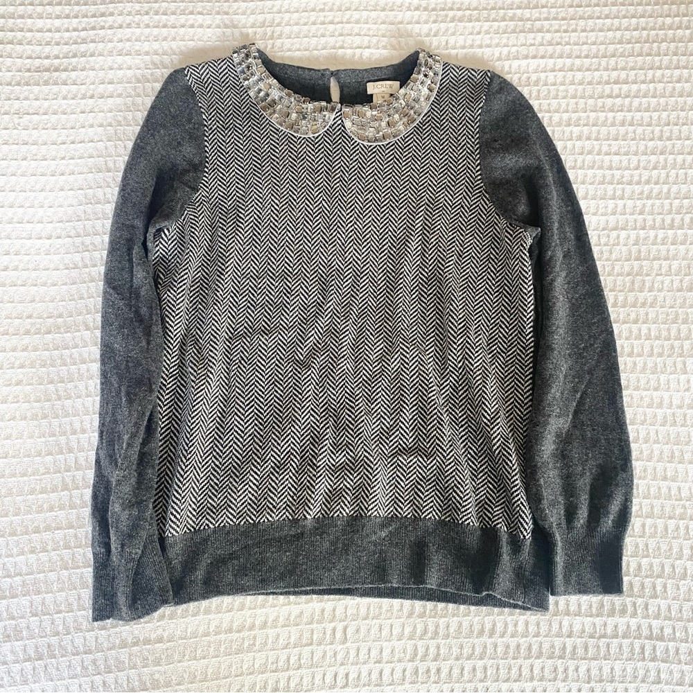 J. Crew factory grey herringbone embellished Peter Pan collar sweater medium